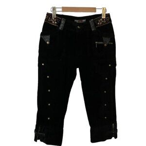 Y2K Forest Wolf Black Corduroy Faux Leather Detail Capri Pants